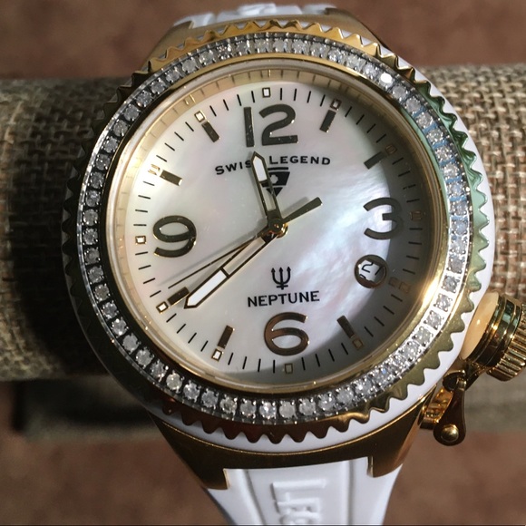 SWISS LEGEND NEPTUNE PRE-LOVED WHITE DIAMONDS, WHITE SILICONE STRAP WATCH - Picture 1 of 15